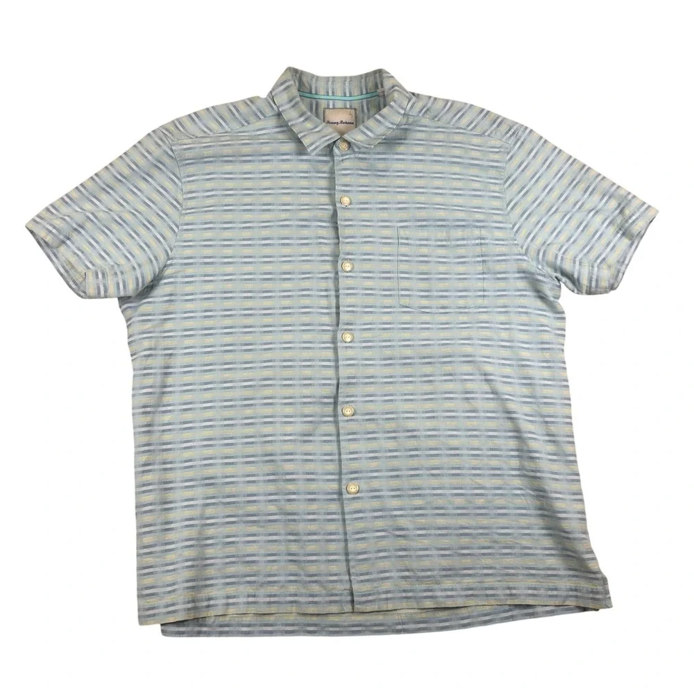 Tommy Bahama Mens XXL Blue Yellow Silk Cotton Textured Stripe Short Sleeve Shirt